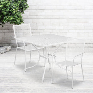 English Elm Oia Commercial-Grade Steel Bistro Table Set with Umbrella Hole and Stackable Chairs for Dining Spaces White 35.5" Square CO-35SQ-02CHR2-WH-GG