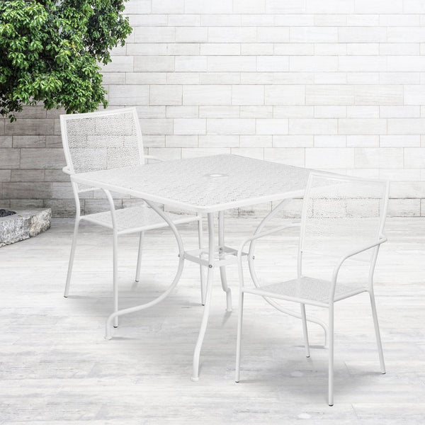 English Elm Oia Commercial-Grade Steel Bistro Table Set with Umbrella Hole and Stackable Chairs for Dining Spaces White 35.5" Square CO-35SQ-02CHR2-WH-GG