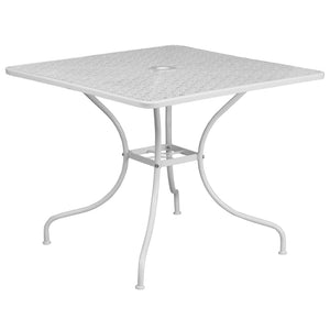 English Elm Oia Commercial-Grade Steel Bistro Table Set with Umbrella Hole and Stackable Chairs for Dining Spaces White 35.5" Square CO-35SQ-02CHR2-WH-GG
