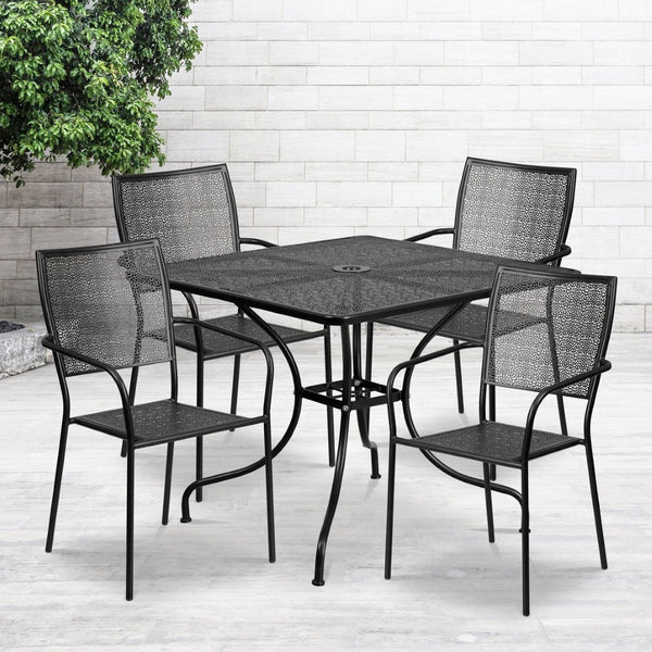 English Elm Oia Commercial-Grade Indoor-Outdoor Patio Table Set with 4 Elegant Stackable Chairs for Versatile Use Black 35.5" Square CO-35SQ-02CHR4-BK-GG