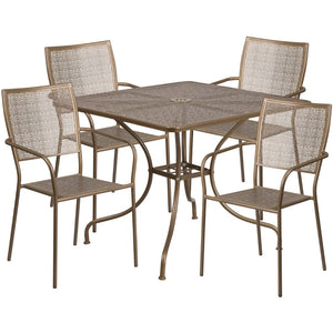 English Elm Oia Commercial-Grade Indoor-Outdoor Patio Table Set with 4 Elegant Stackable Chairs for Versatile Use Gold 35.5" Square CO-35SQ-02CHR4-GD-GG