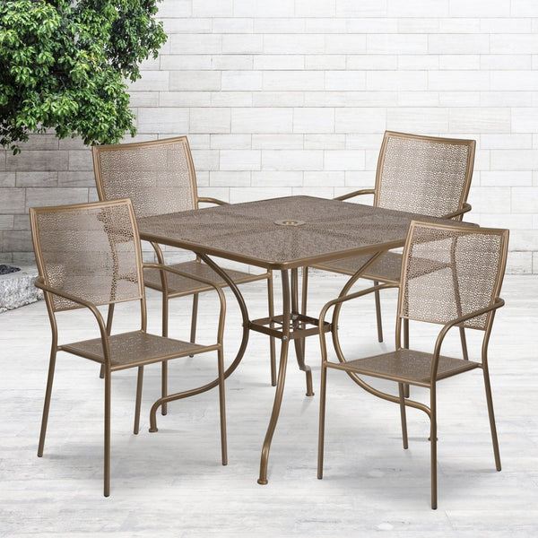 English Elm Oia Commercial-Grade Indoor-Outdoor Patio Table Set with 4 Elegant Stackable Chairs for Versatile Use Gold 35.5" Square CO-35SQ-02CHR4-GD-GG