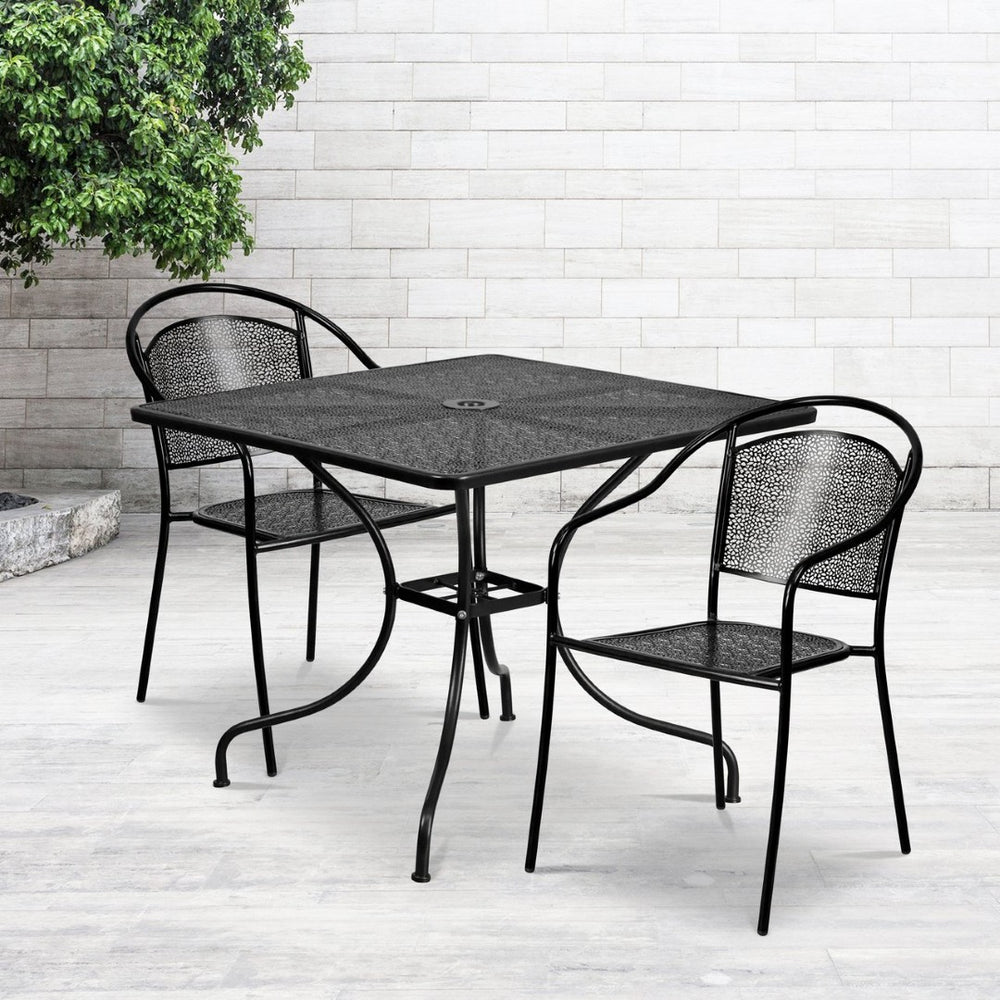 English Elm Oia Commercial Grade Indoor-Outdoor Patio Table Set with Elegant Round Chairs for Stylish Dining Black 35.5" Square CO-35SQ-03CHR2-BK-GG