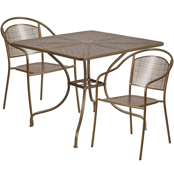 English Elm Oia Commercial Grade Indoor-Outdoor Patio Table Set with Elegant Round Chairs for Stylish Dining Gold 35.5" Square CO-35SQ-03CHR2-GD-GG