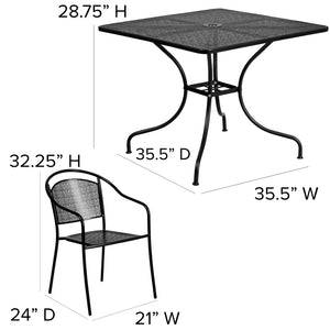 English Elm Oia Commercial Grade Steel Patio Dining Set with Umbrella-Ready Table and 4 Ergonomic Chairs Black 35.5" Square CO-35SQ-03CHR4-BK-GG