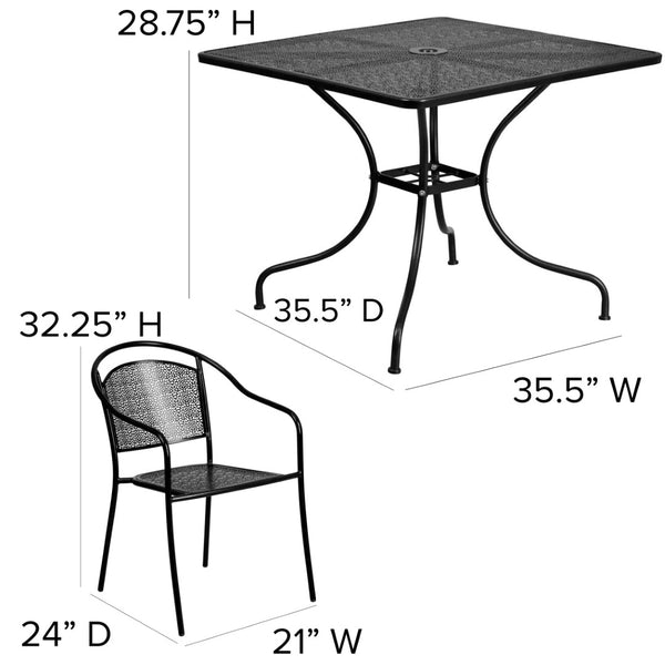 English Elm Oia Commercial Grade Steel Patio Dining Set with Umbrella-Ready Table and 4 Ergonomic Chairs Black 35.5" Square CO-35SQ-03CHR4-BK-GG