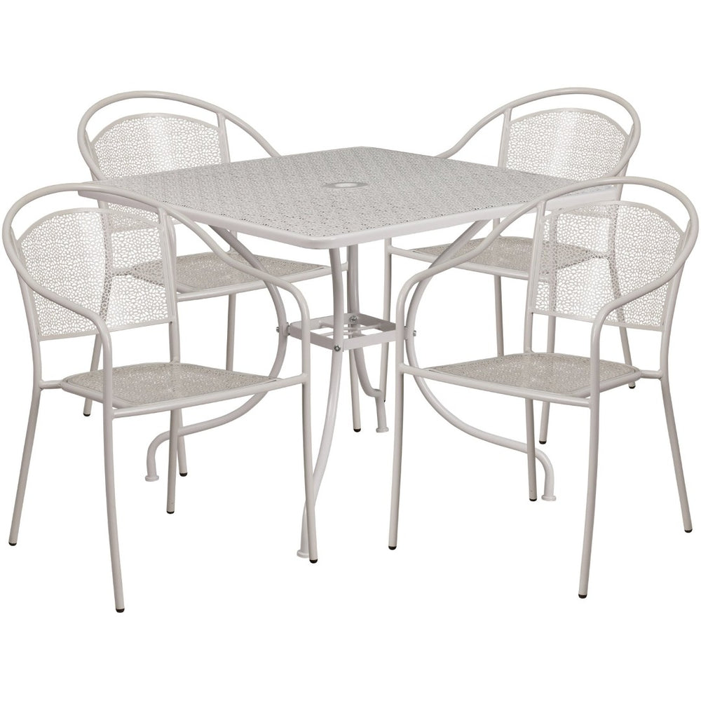 English Elm Oia Commercial Grade Steel Patio Dining Set with Umbrella-Ready Table and 4 Ergonomic Chairs Light Gray 35.5" Square CO-35SQ-03CHR4-SIL-GG