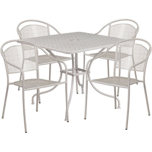 English Elm Oia Commercial Grade Steel Patio Dining Set with Umbrella-Ready Table and 4 Ergonomic Chairs Light Gray 35.5" Square CO-35SQ-03CHR4-SIL-GG