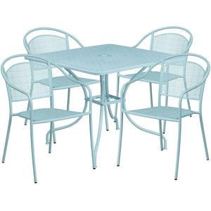 English Elm Oia Commercial Grade Steel Patio Dining Set with Umbrella-Ready Table and 4 Ergonomic Chairs Sky Blue 35.5" Square CO-35SQ-03CHR4-SKY-GG