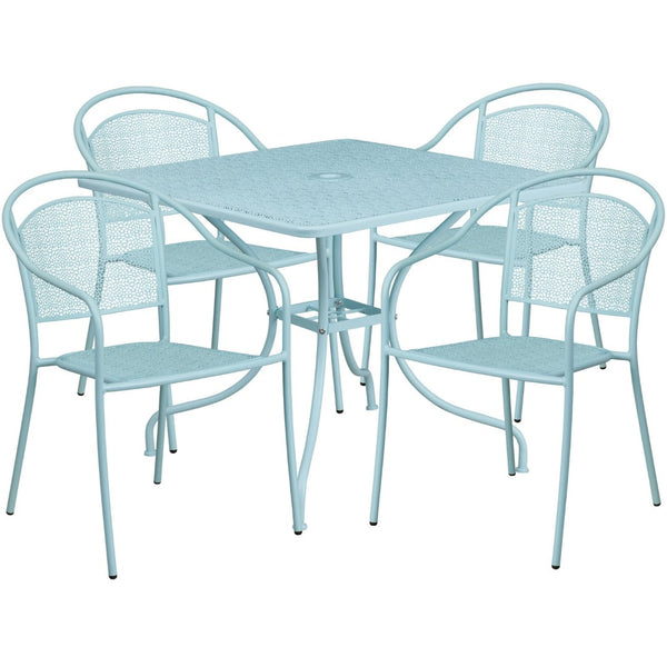 English Elm Oia Commercial Grade Steel Patio Dining Set with Umbrella-Ready Table and 4 Ergonomic Chairs Sky Blue 35.5" Square CO-35SQ-03CHR4-SKY-GG