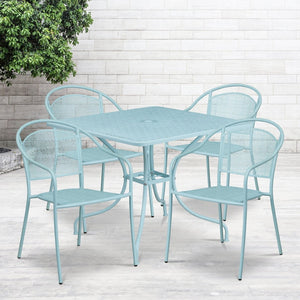 English Elm Oia Commercial Grade Steel Patio Dining Set with Umbrella-Ready Table and 4 Ergonomic Chairs Sky Blue 35.5" Square CO-35SQ-03CHR4-SKY-GG