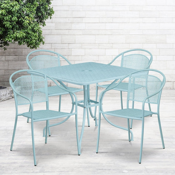 English Elm Oia Commercial Grade Steel Patio Dining Set with Umbrella-Ready Table and 4 Ergonomic Chairs Sky Blue 35.5" Square CO-35SQ-03CHR4-SKY-GG