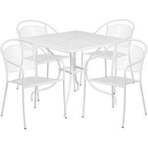 English Elm Oia Commercial Grade Steel Patio Dining Set with Umbrella-Ready Table and 4 Ergonomic Chairs White 35.5" Square CO-35SQ-03CHR4-WH-GG
