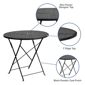 English Elm Oia Commercial Grade Folding Patio Table with Elegant Rain Flower Top for Indoor-Outdoor Use Black 30" Round CO-4-BK-GG