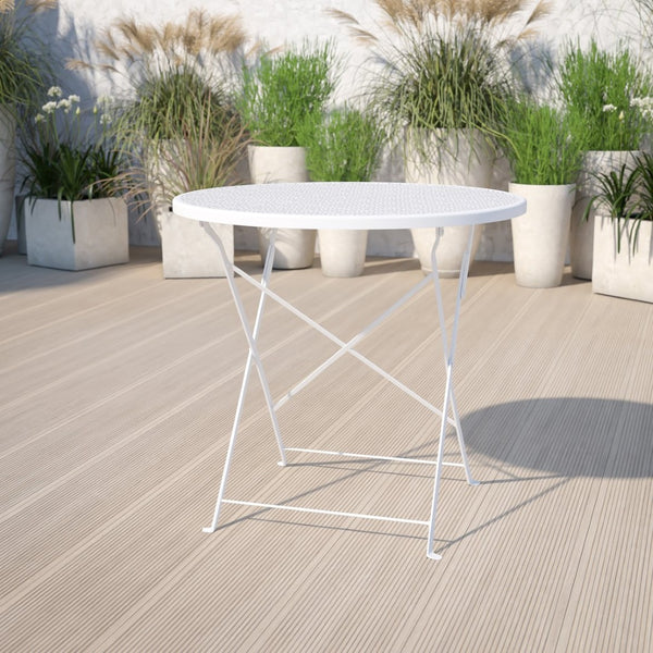 English Elm Oia Commercial Grade Folding Patio Table with Elegant Rain Flower Top for Indoor-Outdoor Use White 30" Round CO-4-WH-GG