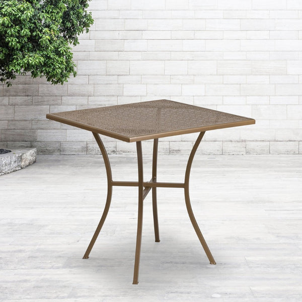 English Elm Oia Commercial-Grade Square Steel Patio Table for Indoor and Outdoor Dining in Elegant Bistro Style Gold 28" Square CO-5-GD-GG