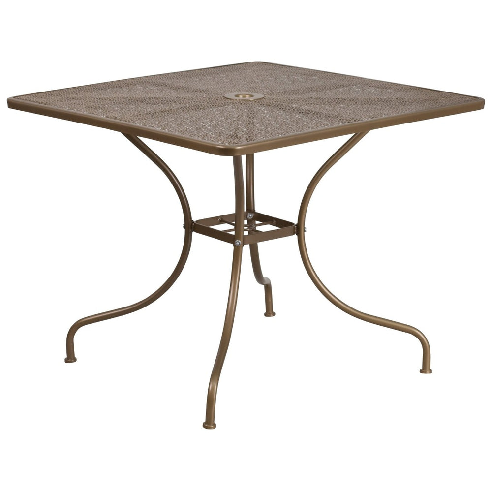 English Elm Oia Commercial-Grade Steel Patio Table with Umbrella Hole – Perfect for Outdoor Dining Spaces Gold 35.5" Square CO-6-GD-GG