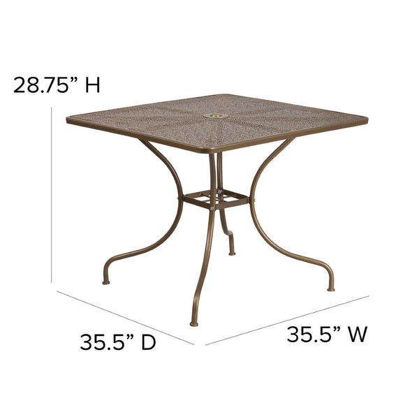 English Elm Oia Commercial-Grade Steel Patio Table with Umbrella Hole – Perfect for Outdoor Dining Spaces Gold 35.5" Square CO-6-GD-GG