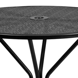 English Elm Oia Commercial-Grade Steel Patio Table with Elegant Rain Flower Top and Umbrella Hole for Any Setting Black 35.25" Round CO-7-BK-GG