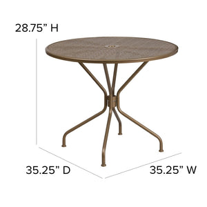 English Elm Oia Commercial-Grade Steel Patio Table with Elegant Rain Flower Top and Umbrella Hole for Any Setting Gold 35.25" Round CO-7-GD-GG