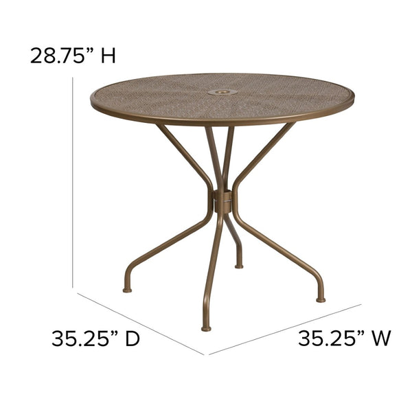 English Elm Oia Commercial-Grade Steel Patio Table with Elegant Rain Flower Top and Umbrella Hole for Any Setting Gold 35.25" Round CO-7-GD-GG