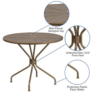 English Elm Oia Commercial-Grade Steel Patio Table with Elegant Rain Flower Top and Umbrella Hole for Any Setting Gold 35.25" Round CO-7-GD-GG
