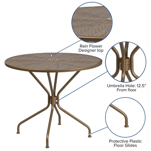 English Elm Oia Commercial-Grade Steel Patio Table with Elegant Rain Flower Top and Umbrella Hole for Any Setting Gold 35.25" Round CO-7-GD-GG