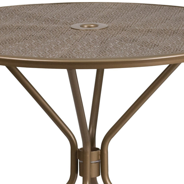 English Elm Oia Commercial-Grade Steel Patio Table with Elegant Rain Flower Top and Umbrella Hole for Any Setting Gold 35.25" Round CO-7-GD-GG