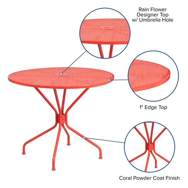 English Elm Oia Commercial-Grade Steel Patio Table with Elegant Rain Flower Top and Umbrella Hole for Any Setting Coral 35.25" Round CO-7-RED-GG