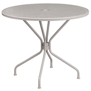 English Elm Oia Commercial-Grade Steel Patio Table with Elegant Rain Flower Top and Umbrella Hole for Any Setting Light Gray 35.25" Round CO-7-SIL-GG
