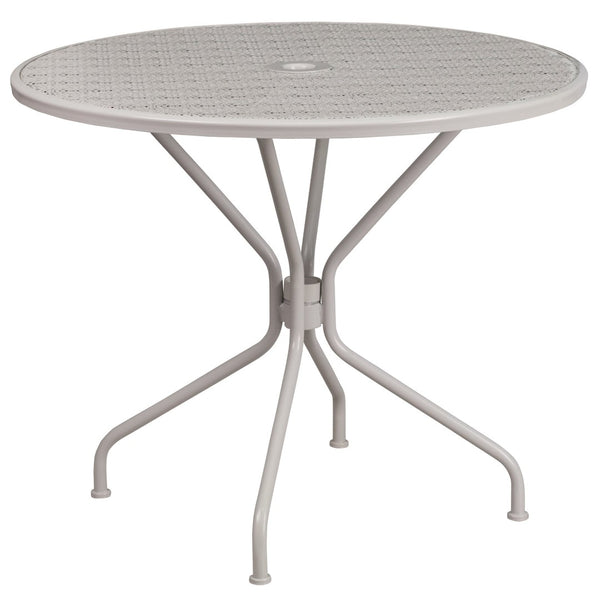 English Elm Oia Commercial-Grade Steel Patio Table with Elegant Rain Flower Top and Umbrella Hole for Any Setting Light Gray 35.25" Round CO-7-SIL-GG