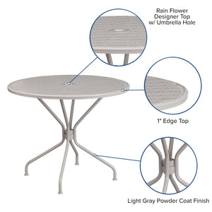 English Elm Oia Commercial-Grade Steel Patio Table with Elegant Rain Flower Top and Umbrella Hole for Any Setting Light Gray 35.25" Round CO-7-SIL-GG