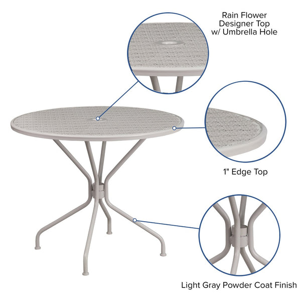 English Elm Oia Commercial-Grade Steel Patio Table with Elegant Rain Flower Top and Umbrella Hole for Any Setting Light Gray 35.25" Round CO-7-SIL-GG