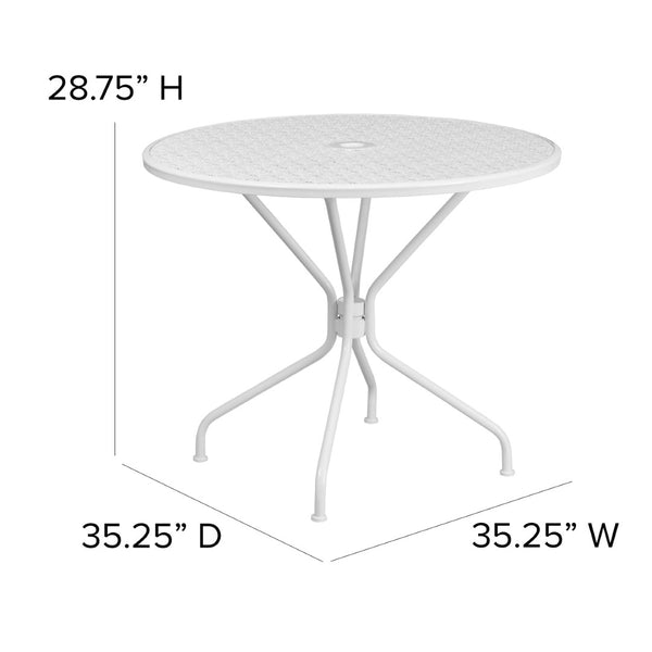 English Elm Oia Commercial-Grade Steel Patio Table with Elegant Rain Flower Top and Umbrella Hole for Any Setting White 35.25" Round CO-7-WH-GG