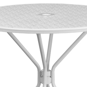 English Elm Oia Commercial-Grade Steel Patio Table with Elegant Rain Flower Top and Umbrella Hole for Any Setting White 35.25" Round CO-7-WH-GG
