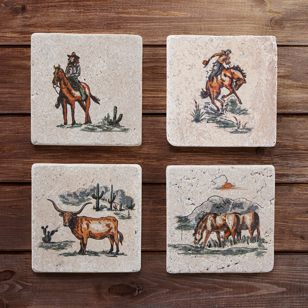Hiend Accents Ranch Life Coaster Set - Vintage Western Charm For Rustic Dining, Perfect Home Decor Addition! Duffle Bag Made From Natural Travertine Stone With Cork Backing Co2138-01-df