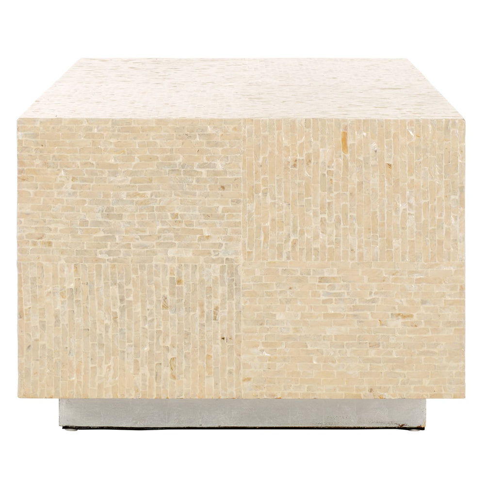 Safavieh Scarlett Rectangular Prism Coffee Table - Elegant Natural Capiz Design With Silver Base For Modern Homes Natural ,Silver Mdf Solid Wood ,Capiz Cof1803a