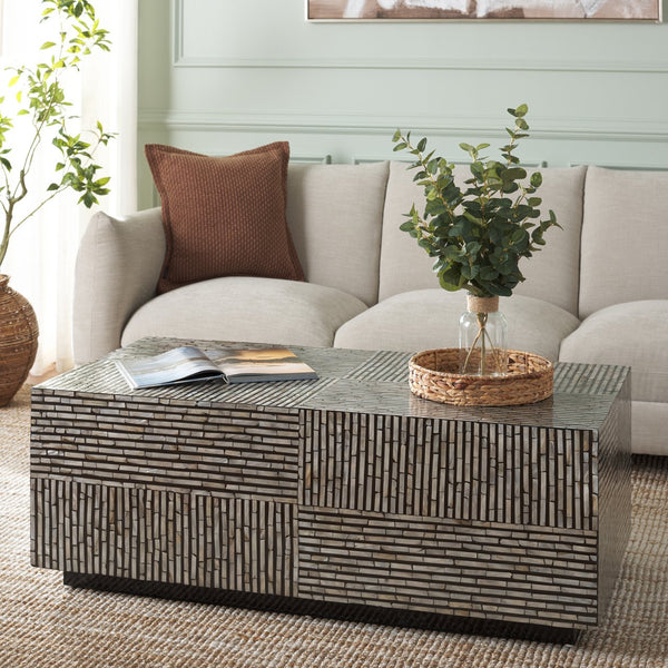 Safavieh Hamza Rectangular Prism Coffee Table - Modern Black With Opulent Mother Of Pearl Accent Design Multi ,Black Mdf Solid Wood ,Mop Cof1806a