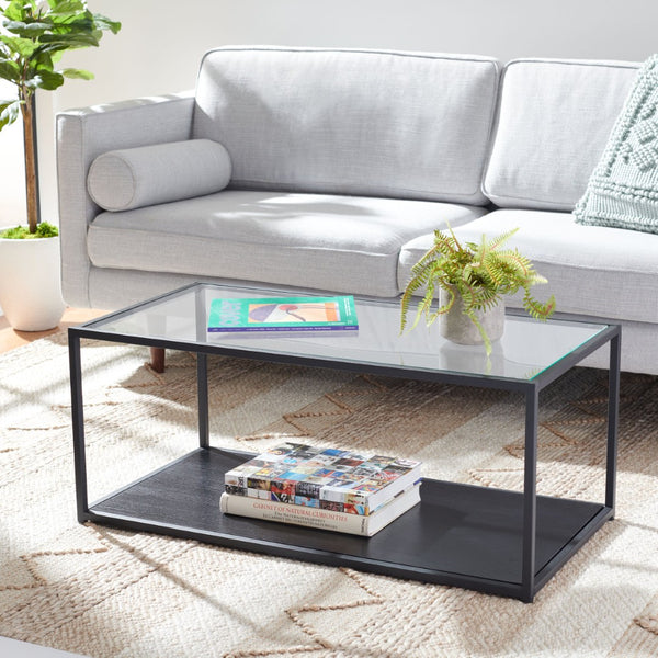 Safavieh Ackley Modern Glass Coffee Table With Storage Shelf - Sleek Black Frame For Contemporary Living Spaces COF2000A