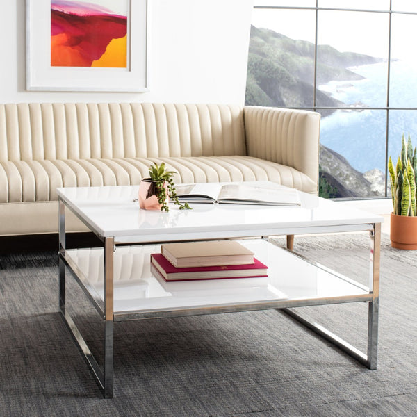 Safavieh Aliza Modern Two-Tier Square Coffee Table With High-Gloss White Finish And Chrome Frame For Chic Living Room COF2200A