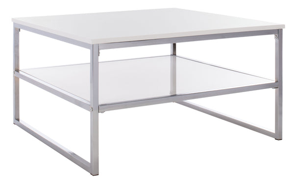 Safavieh Aliza Modern Two-Tier Square Coffee Table With High-Gloss White Finish And Chrome Frame For Chic Living Room COF2200A