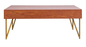 Safavieh Pine Two Drawer Coffee Table - Mid-Century Modern Design With Ample Storage For Stylish Living Rooms Natural/Gold Iron COF2238A
