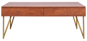 Safavieh Pine Two Drawer Coffee Table - Mid-Century Modern Design With Ample Storage For Stylish Living Rooms Natural/Gold Iron COF2238A
