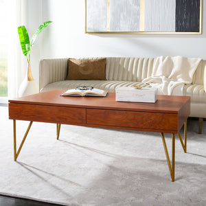 Safavieh Pine Two Drawer Coffee Table - Mid-Century Modern Design With Ample Storage For Stylish Living Rooms Natural/Gold Iron COF2238A