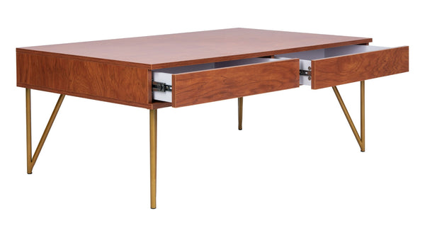 Safavieh Pine Two Drawer Coffee Table - Mid-Century Modern Design With Ample Storage For Stylish Living Rooms Natural/Gold Iron COF2238A