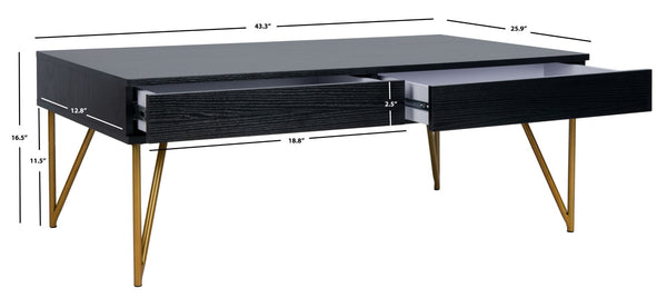 Safavieh Pine Two Drawer Coffee Table - Mid-Century Modern Design With Ample Storage For Stylish Living Rooms Black/Gold Iron COF2238B