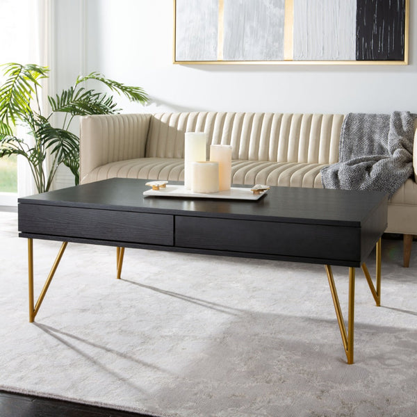 Safavieh Pine Two Drawer Coffee Table - Mid-Century Modern Design With Ample Storage For Stylish Living Rooms Black/Gold Iron COF2238B