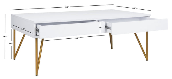 Safavieh Pine Two Drawer Coffee Table - Mid-Century Modern Design With Ample Storage For Stylish Living Rooms White/Gold Iron COF2238C