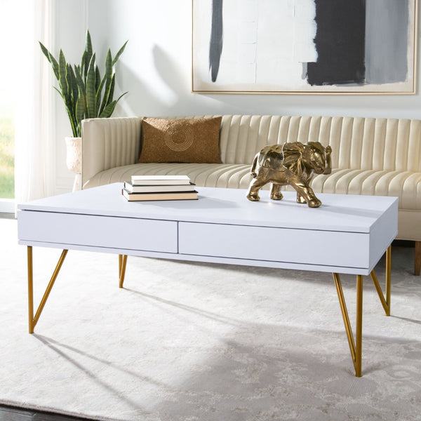 Safavieh Pine Two Drawer Coffee Table - Mid-Century Modern Design With Ample Storage For Stylish Living Rooms White/Gold Iron COF2238C
