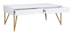 Safavieh Pine Two Drawer Coffee Table - Mid-Century Modern Design With Ample Storage For Stylish Living Rooms White/Gold Iron COF2238C